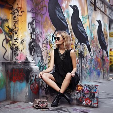 Graffiti muur blonde jonge vrouw zittend zonnebril raven van gm_designs