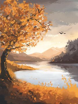 Herfst boom aan de rand van een bergmeer van Emiel de Lange