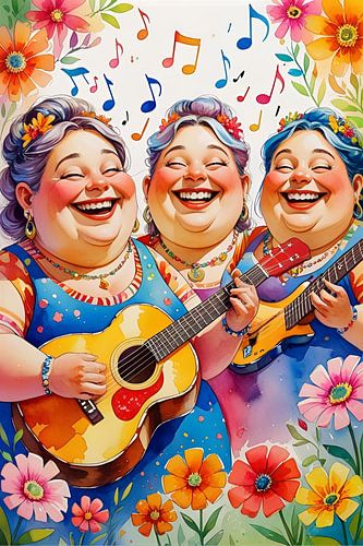 3 gezellige dames spelen op de gitaar