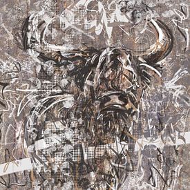 Abstraktes Kunstwerk Schottische Highlander-Kuh in Flieder und Goldgelb von Emiel de Lange