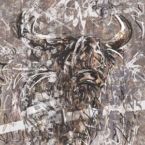 Abstraktes Kunstwerk Schottische Highlander-Kuh in Flieder und Goldgelb