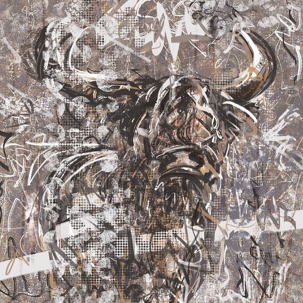 Abstract kunstwerk schotse hooglander koe in lila en goud geel van Emiel de Lange