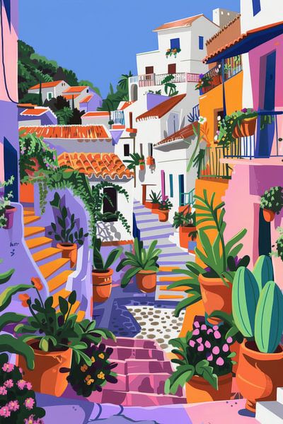 Des ruelles colorées avec des pots en fleurs par Poster Art Shop