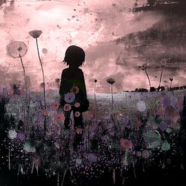 Fille dans un champ de fleurs pastel sur Bianca ter Riet
