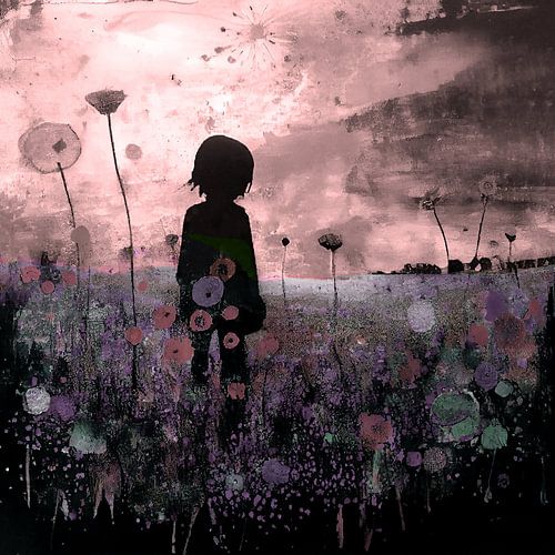 Fille dans un champ de fleurs pastel