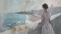 Gemälde einer jungen Frau mit Blick auf das Meer und die Promenade