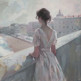 Schilderij van jonge vrouw uitkijkend over zee en boulevard van Classic PrintArt