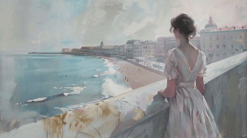 Painting of young woman looking out over sea and promenade