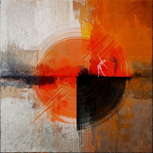 Abstrakte Choreografie in Orange und Schwarz - Tänzerisches Duo von Arjen Roos