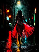 Lonely grace in red - Woman in the rain