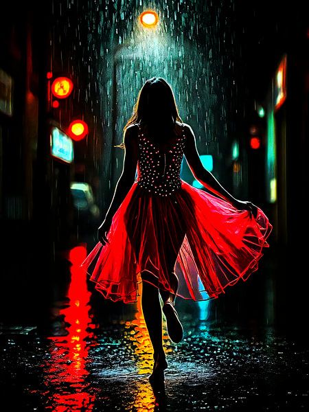 Einsame Anmut in Rot - Frau im Regen von A.D. Digital ART