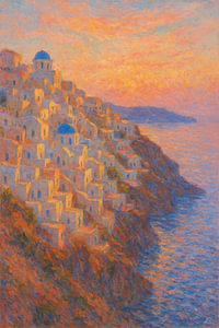Santorini Oia Blaue Kuppeln Sonnenuntergang – Griechische Insel Impressionistische Meereslandschaft