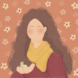 Ölgemälde eines kraushaarigen Mädchens mit kleinem Vogel von Ayi Sri Rahayu
