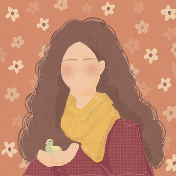 Ölgemälde eines kraushaarigen Mädchens mit kleinem Vogel von Ayi Sri Rahayu