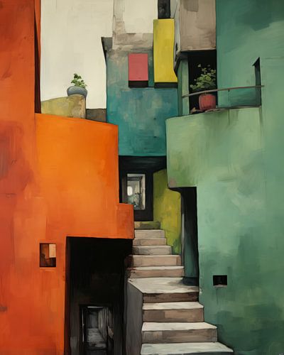 Bunte Stadt mit Gassen und Treppen