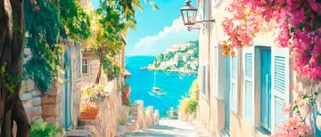 Kustzicht met bloeiende planten van Poster Art Shop