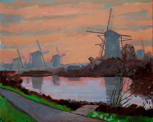 Kinderdijk bij avondlicht. van Antonie van Gelder Beeldend kunstenaar