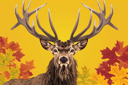 Majestueus hert met herfstbladeren op geel