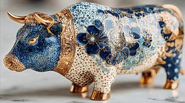 bull/cow in delft blue and gold on a white marble background by Gelissen Artworks
