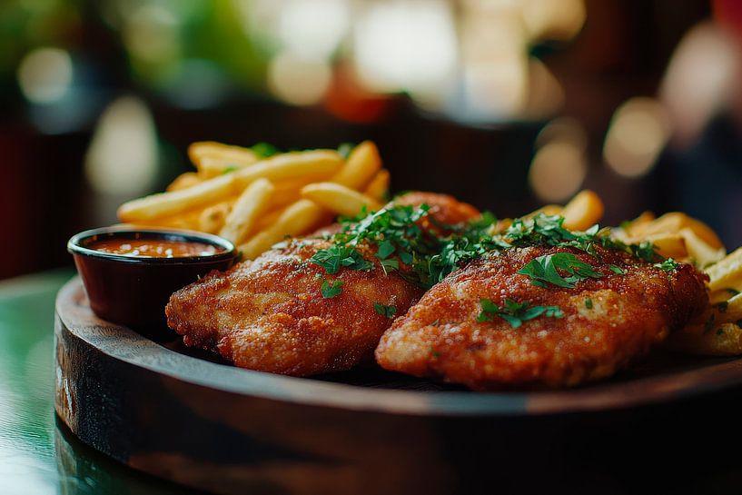 Crispy chicken with chips and sauce by Poster Art Shop