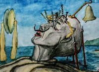 Surrealistisch portret met gereedschap en bel. Surrealistisch portret met gereedschap en bel.