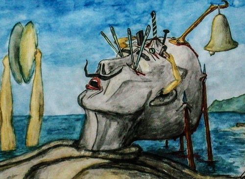 Surrealistisches Porträt mit Werkzeugen und Glocke. Surrealist portrait with tools and bell.