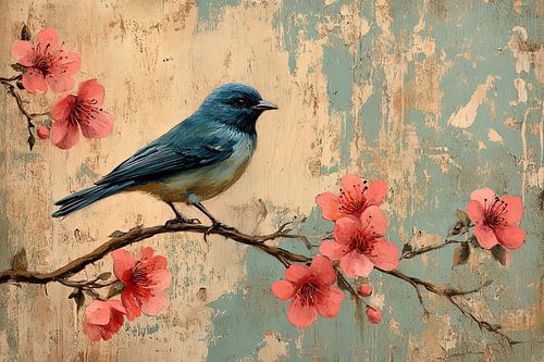 picturesque japanese art bird in tree