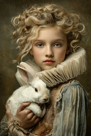 Girl with a Rabbit – A Delicate Portrait in Cream by Peter Pen Drawings and Paintings