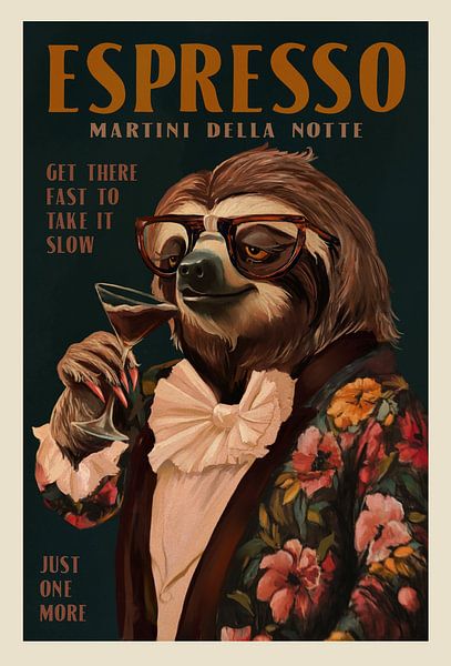 Art Deco Espresso Martini Drinking Sloth by The Whiskey Ginger