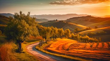 Toscaans landschap met glooiende heuvels met zonsondergang van René van den Berg