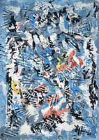 Le noir et le blanc s'entremêlent dans le bleu avec de subtiles éclaboussures de couleur