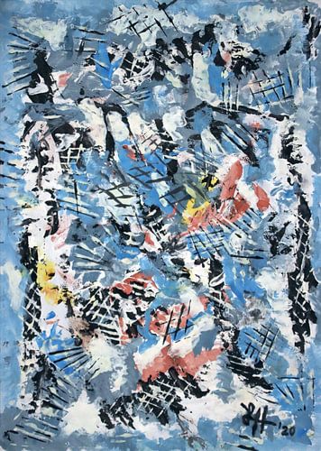 Zwart en wit kluwen in blauw met subtiele spatten van kleur