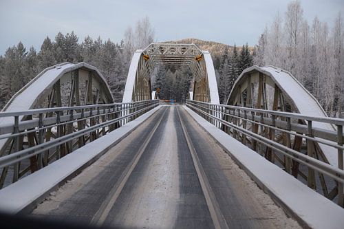 Bijzondere spoor-weg-brug in Zweden