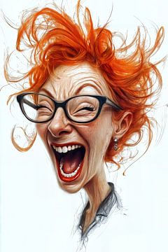 Caricature of a laughing woman with red hair by Frank Heinz