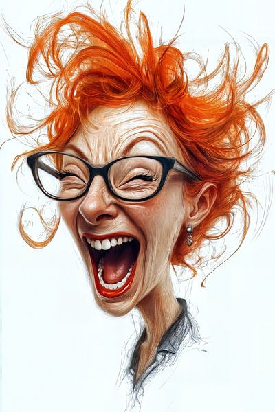 Caricature of a laughing woman with red hair by Frank Heinz