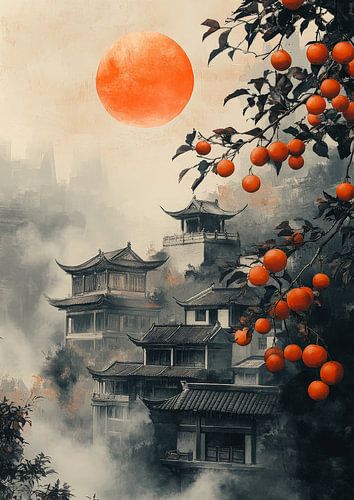 Asiatische Landschaft mit Kakis und Pagoden