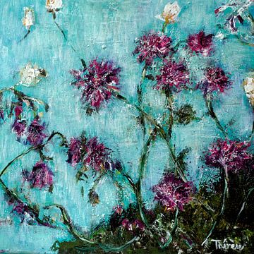 Bloemenschilderij met mint achtergrond. van Therese Brals
