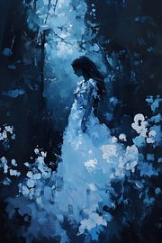 Femme mystérieuse dans la lumière bleue de la forêt sur NJ Midnight Studio