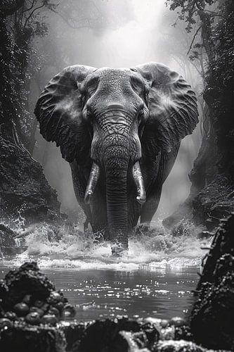 Zwart-wit portret van een olifant in de rivier