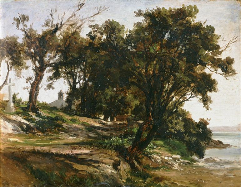 Carlos de Haes-Riverside village large tree-lined landscape, Antique landscape by finemasterpiece