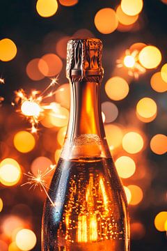 Champagnefles met vonken en lichtjes van Poster Art Shop