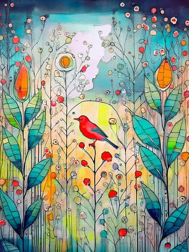 Moderne Illustration: Bunter Vogel in einem grafischen Blumengarten