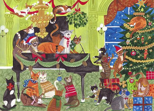 Retro Kerst katten spelen piano
