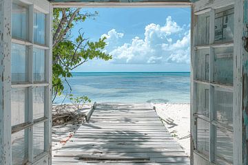 Uitzicht vanuit het raam op tropisch strand van Poster Art Shop