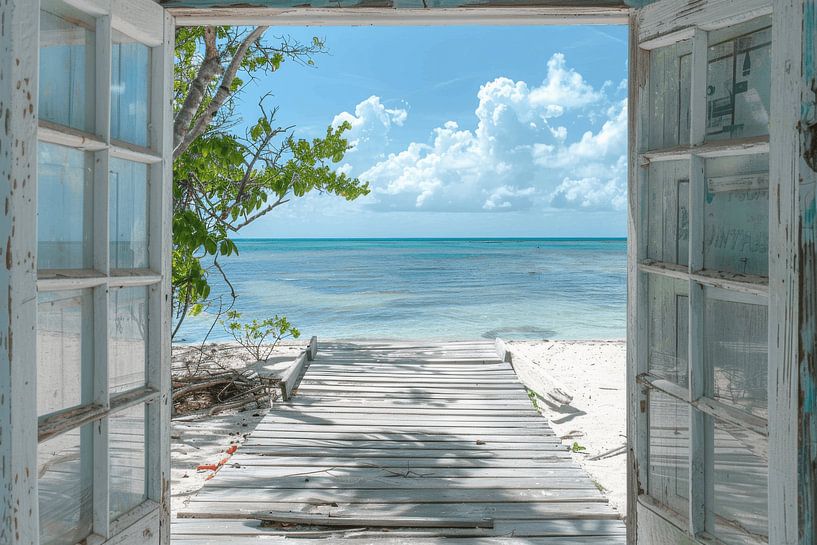 Uitzicht vanuit het raam op tropisch strand van Poster Art Shop