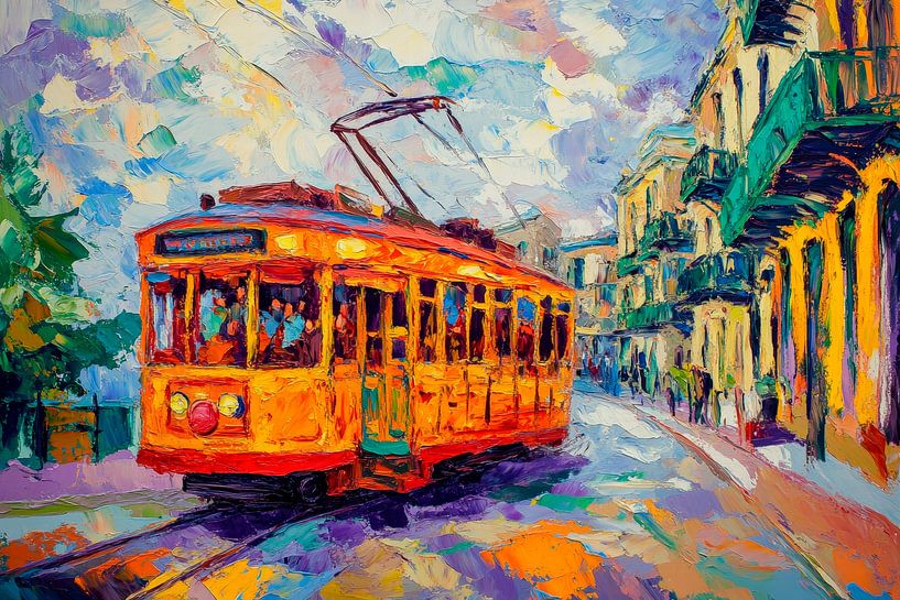 Bunte Straßenbahn im Stadtbild von Poster Art Shop