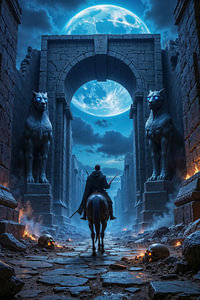 Dark Fantasy Wandbild: TYRAKON – Ein Krieger reitet durch ein episches Burgtor