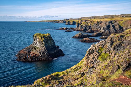 Arnastapi coastal landscape with cliffs in summer near the Snaefellsnes peninsula in Iceland