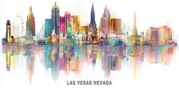 Las Vegas Skyline mit weltbekannten Wahrzeichen in bunter Spiege
