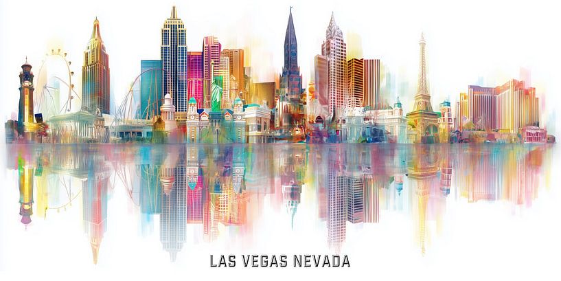 Las Vegas skyline met wereldberoemde monumenten in kleurrijke spiegels van MArt